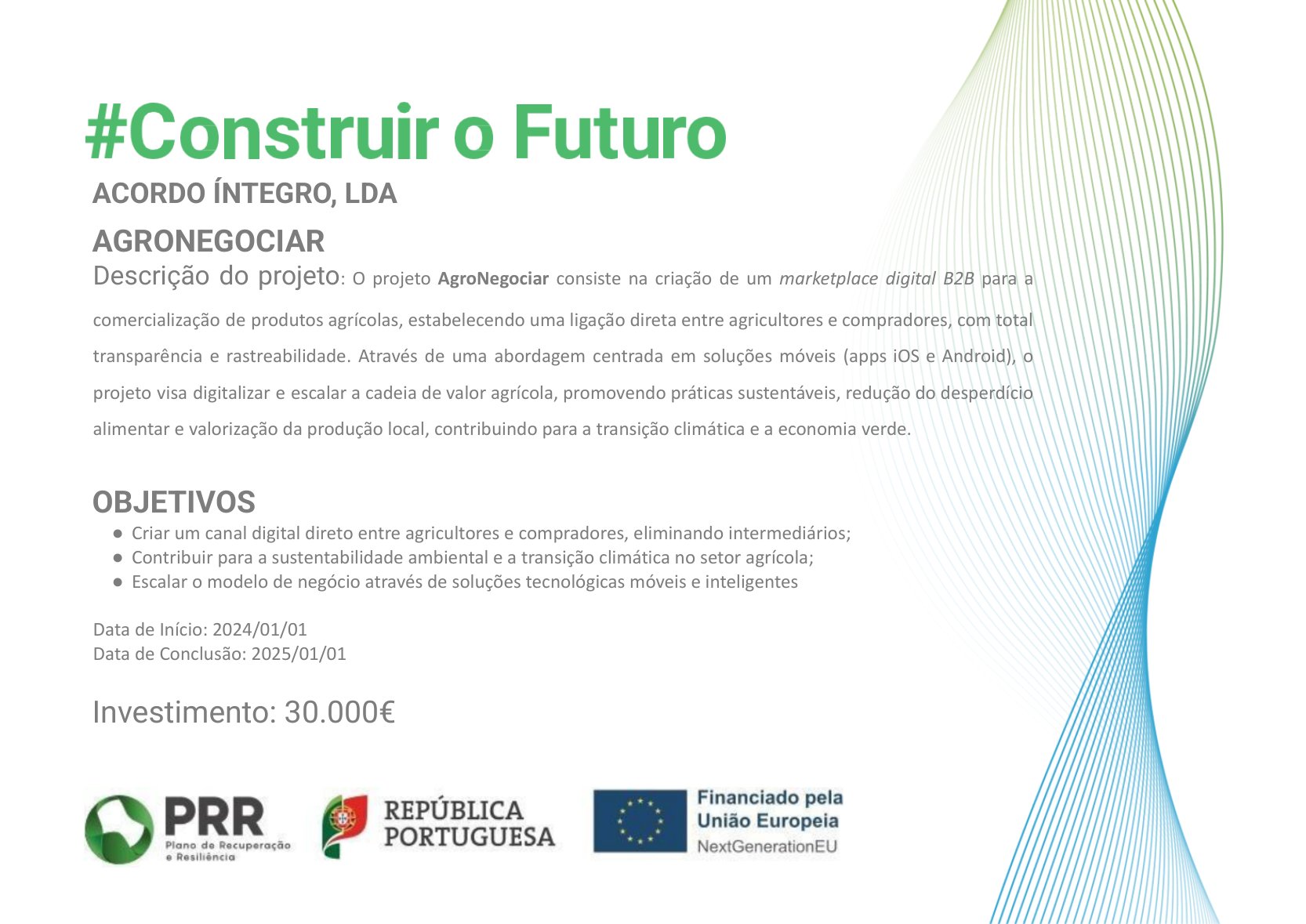 Cartaz do projeto AgroNegociar — PRR, República Portuguesa e União Europeia